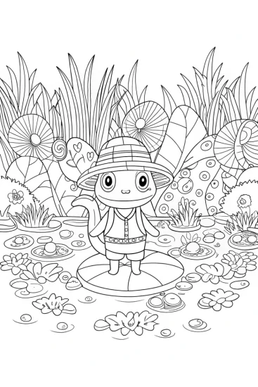 A coloring page of Axolotl Explorer in the Enchanted Marsh Coloring Page