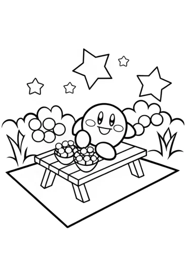 A coloring page of Kirby’s Cosmic Picnic in the Star Garden Coloring Page