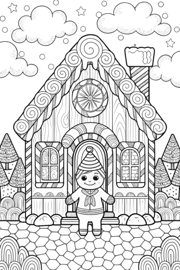 A coloring page of The Gingerbread Gnome’s Workshop Coloring Page