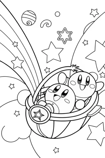 A coloring page of Kirby and the Dreamy Starship Adventure Coloring Page