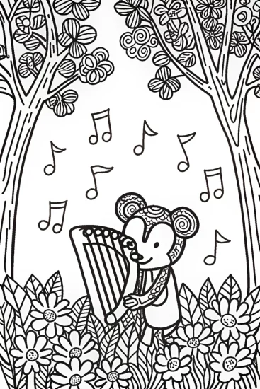 A coloring page of Mickey’s enchanted musical flower garden