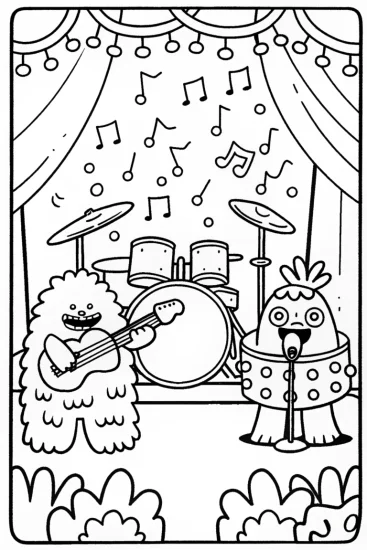A coloring page of Monster Rock Band Jam Coloring Page