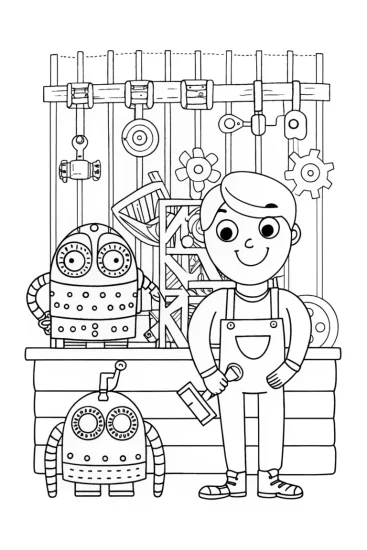A coloring page of JJ’s Fun Robot Workshop Coloring Page
