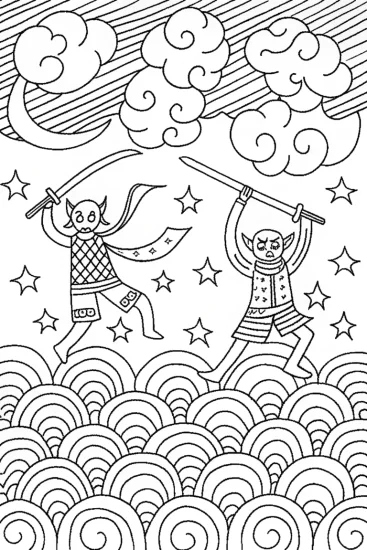 A coloring page of Aerial Duel of Demon Hunters Coloring Page