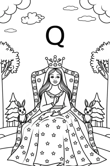 A coloring page of Queen Q’s Enchanted Coloring Page