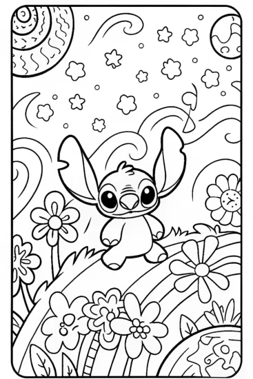 A coloring page of Stitch’s cosmic garden quest coloring page