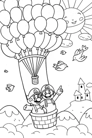 A coloring page of Mario and Luigi’s Colorful Balloon Ride