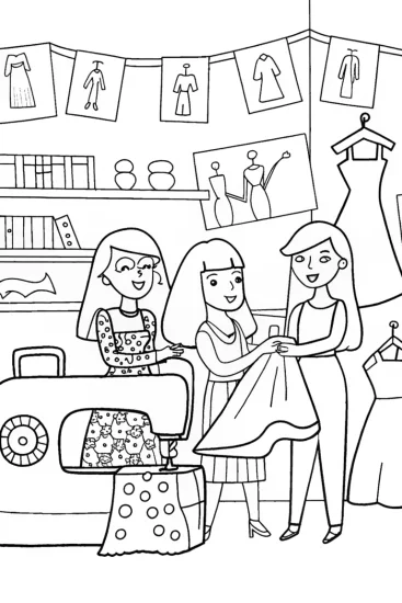 A coloring page of Bratz Dolls Fashion Studio Coloring Page