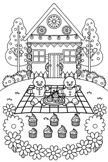 A coloring page of Gingerbread People Picnic in Candyland
