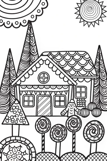 A coloring page of Gingerbread House Candy Market Coloring Page