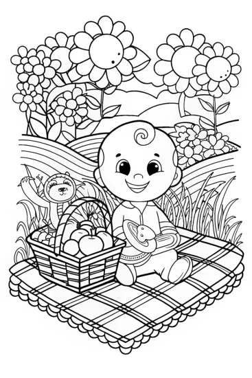 A coloring page of Baby’s Garden Picnic Adventure Coloring Page