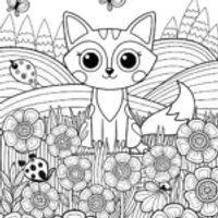 Curious Fox in a Whimsical Garden Coloring Page