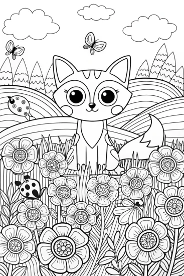A coloring page of Curious Fox in a Whimsical Garden Coloring Page