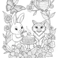 Springtime Tea Party with Rabbit and Fox Coloring Page