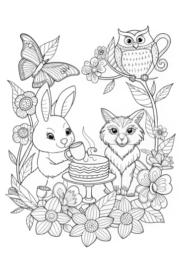 A coloring page of Springtime Tea Party with Rabbit and Fox Coloring Page