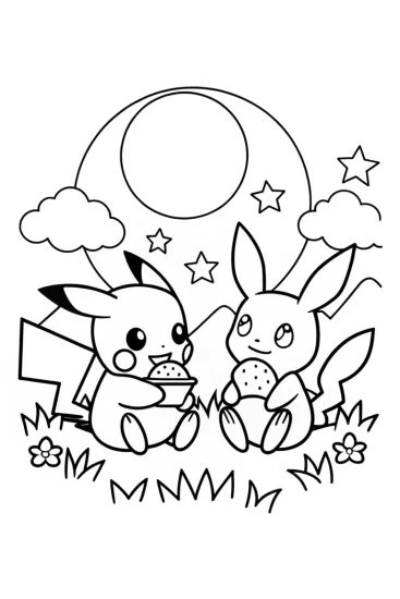 A coloring page of Pikachu’s Magical Moonlight Picnic Coloring Page