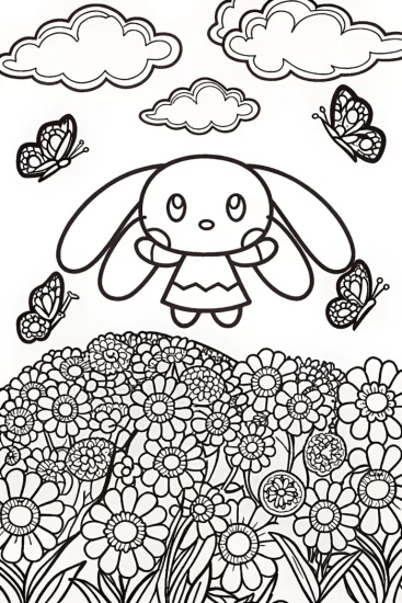 A coloring page of Cinnamoroll’s Floating Garden Coloring Page
