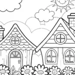 Rainbow Dreams in a Whimsical Village Coloring Page