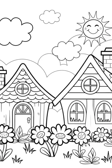 A coloring page of Rainbow Dreams in a Whimsical Village Coloring Page