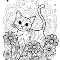 Nimbus the Cat in a Cosmic Garden Coloring Page