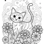 Nimbus the Cat in a Cosmic Garden Coloring Page