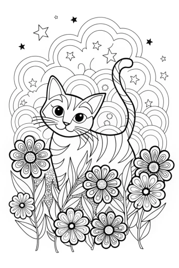 A coloring page of Nimbus the Cat in a Cosmic Garden Coloring Page