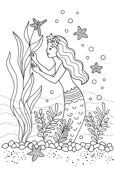 A coloring page of Mermaid’s Celestial Garden Coloring Page