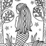 Mermaid’s Cosmic Reflection Coloring Page