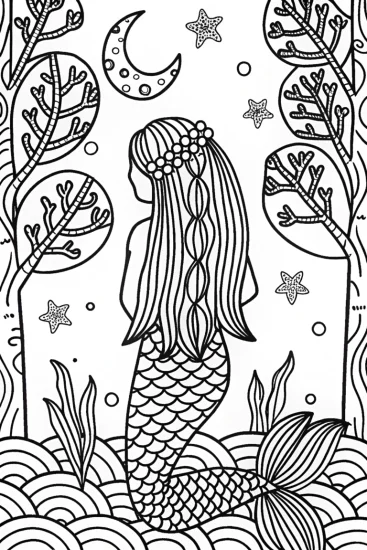 A coloring page of Mermaid’s Cosmic Reflection Coloring Page