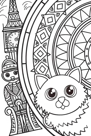 A coloring page of Chrono the Cat’s Time-Traveling Coloring Page