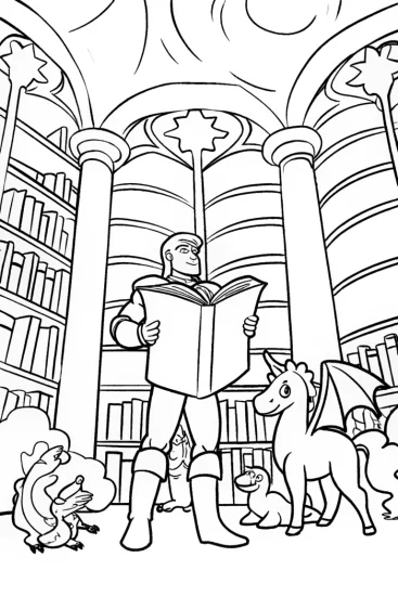 A coloring page of Captain America in a Mythical Library Coloring Page