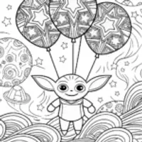 Baby Yoda’s Galactic Balloon Adventure Coloring Page