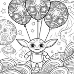 Baby Yoda’s Galactic Balloon Adventure Coloring Page