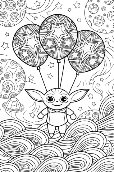 A coloring page of Baby Yoda’s Galactic Balloon Adventure Coloring Page