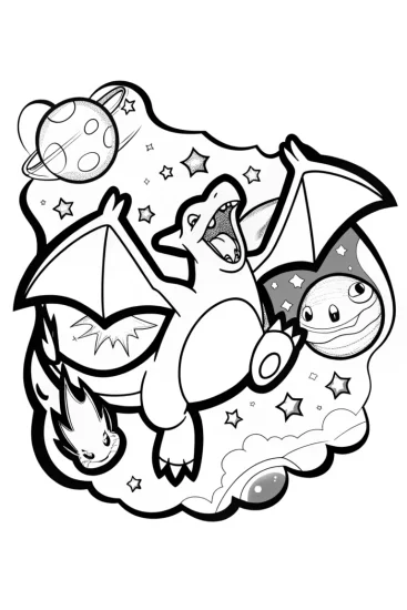 A coloring page of Charizard soaring through the stars coloring page