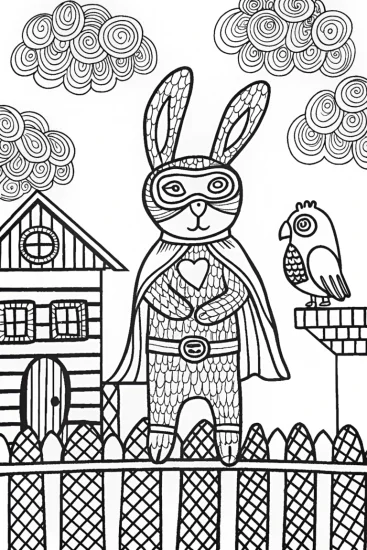 A coloring page of Epic Superhero Rabbit and Parrot Coloring Page