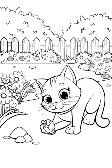 A coloring page of Whiskers the Cat’s Garden Treasure Hunt Coloring Page