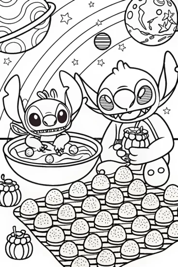 A coloring page of Stitch’s Galactic Bake-Off Coloring Page