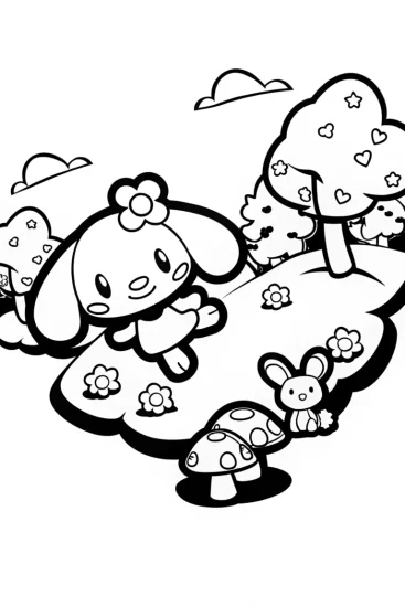 A coloring page of Cinnamoroll’s Fluffy Friends Adventure Coloring Page