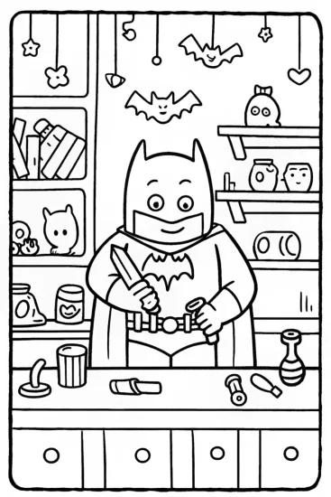 A coloring page of Batman in the Enchanted Workshop Coloring Page