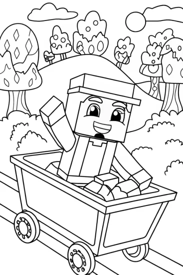 A coloring page of Minecraft Character Enchanted Minecart Ride Coloring Page
