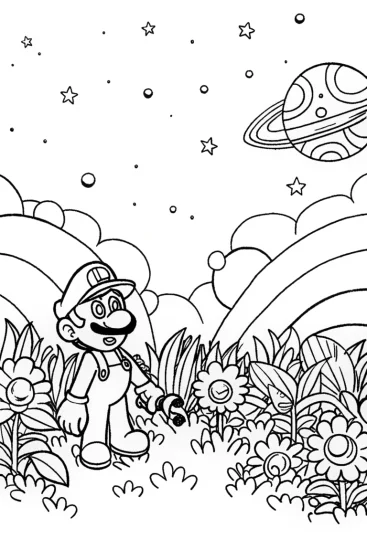 A coloring page of Luigi’s Galactic Garden Coloring Page