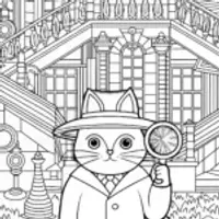 Cat Detective in a Mystery Mansion Coloring Page