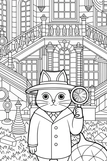 A coloring page of Cat Detective in a Mystery Mansion Coloring Page