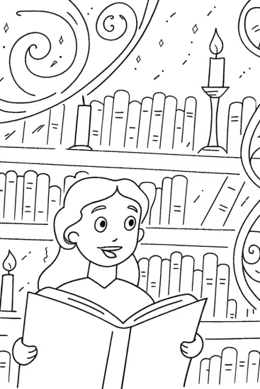 A coloring page of Belle’s Enchanted Library Coloring Page