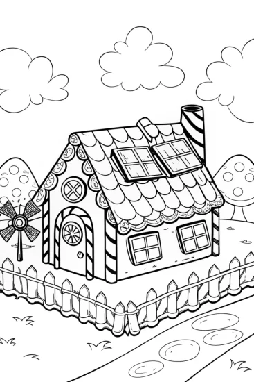 A coloring page of Gingerbread House Solar Farm Coloring Page