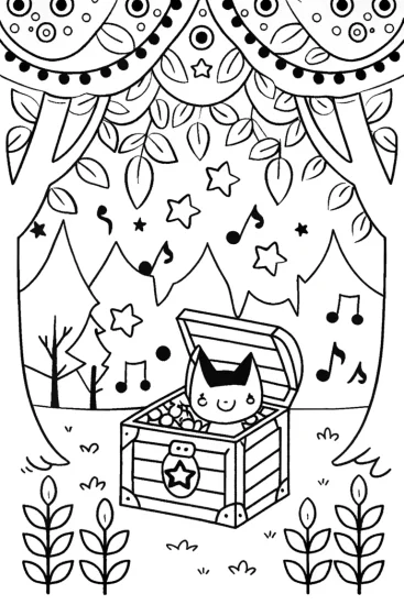 A coloring page of Kuromi’s whimsical treasure chest coloring page
