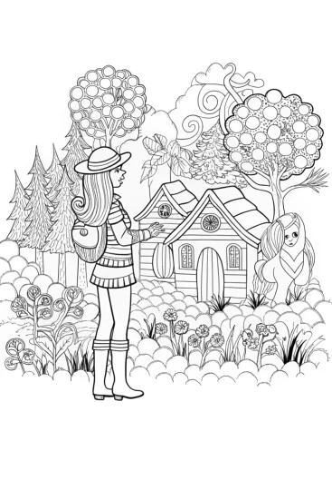 A coloring page of Barbie’s Enchanted Village Adventure Coloring Page