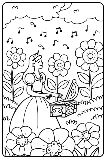 A coloring page of The Princess and the Magical Music Box Coloring Page