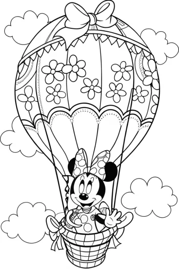 A coloring page of Minnie Mouse Hot Air Balloon Adventure Coloring Page
